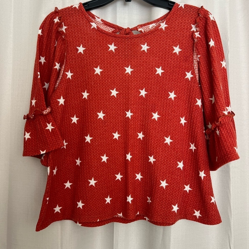 Red Star Print Waffle Knit Top with Tie-Back – Size Small